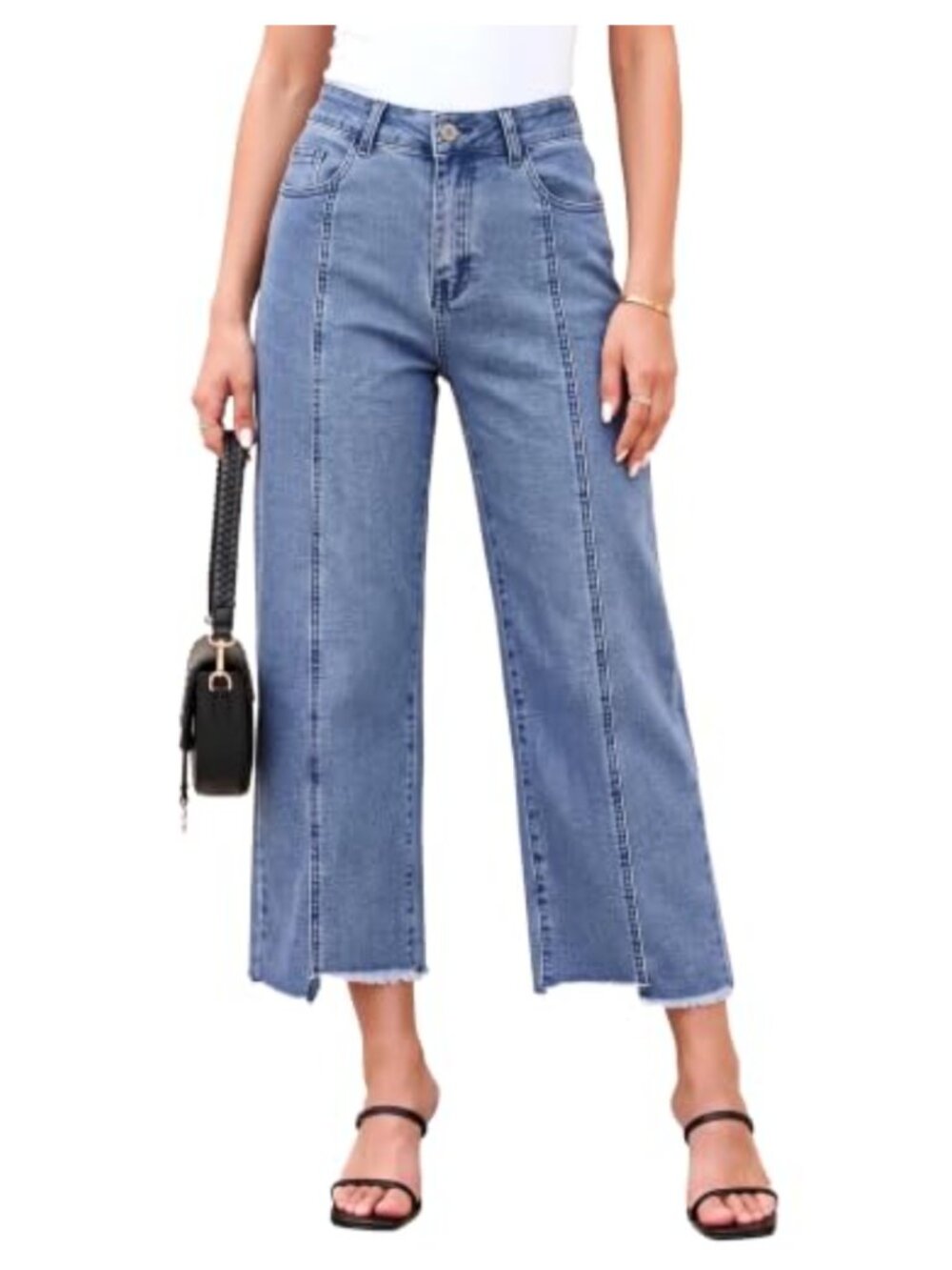 Wide Leg Cropped Jeans with Raw Hem - Cotton Denim Pants